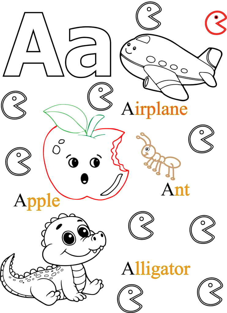 A is for Apple alphabet coloring page for kids
