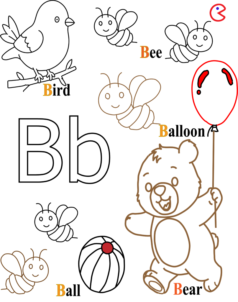 Black and white alphabet coloring page for kids showing letter B with ball, bird, bee, balloon, and bear.