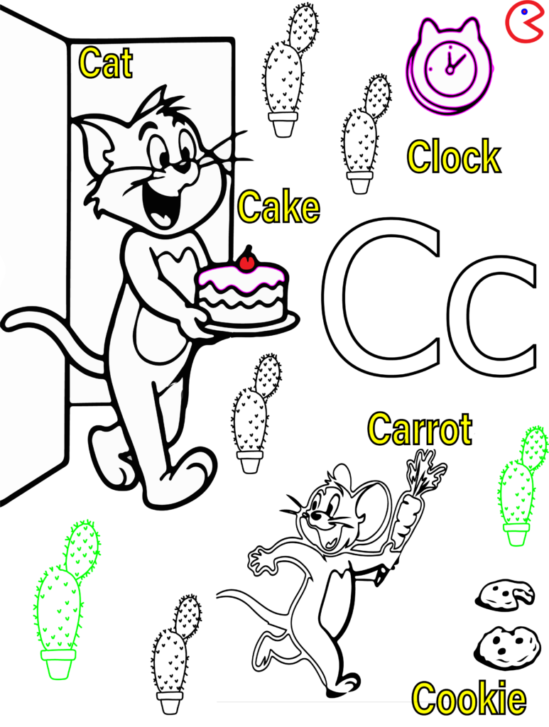 Black and white kids coloring page showing the letter C with a cute cat illustration.