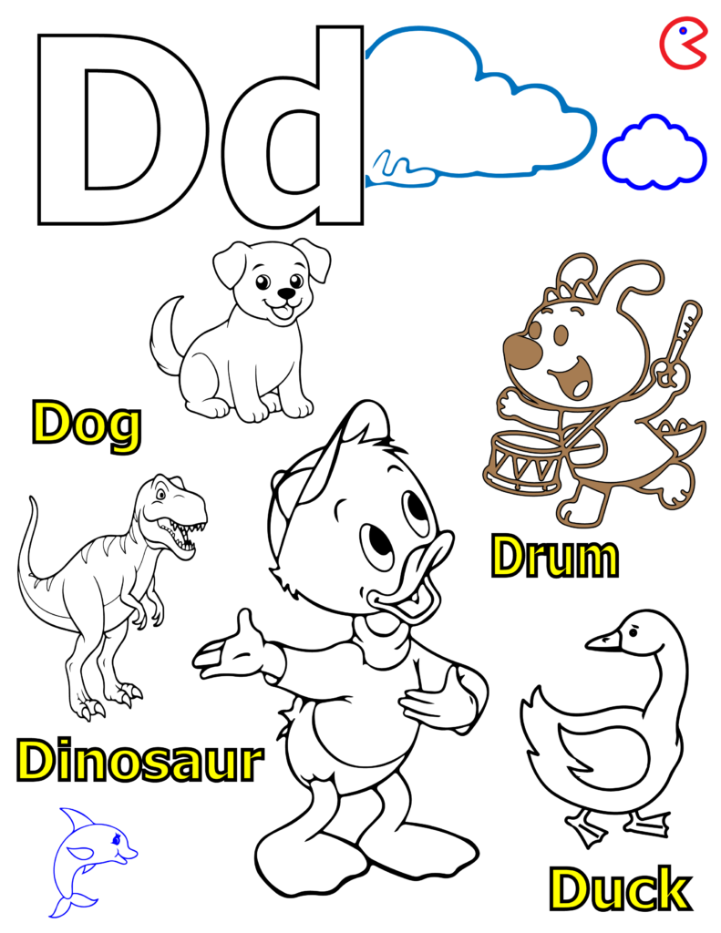 Black and white alphabet coloring page for kids showing letter D with dog, dinosaur, drum, and duck.