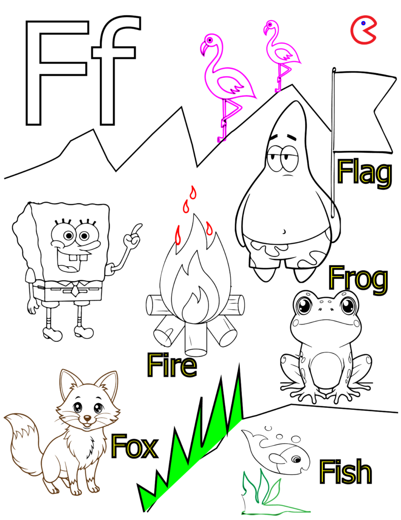 Black and white alphabet coloring page for kids showing letter F with fox, fish, frog, and flag.