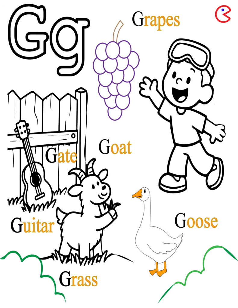 Black and white alphabet coloring page for kids showing letter G with goat, grapes, grass, and gift.