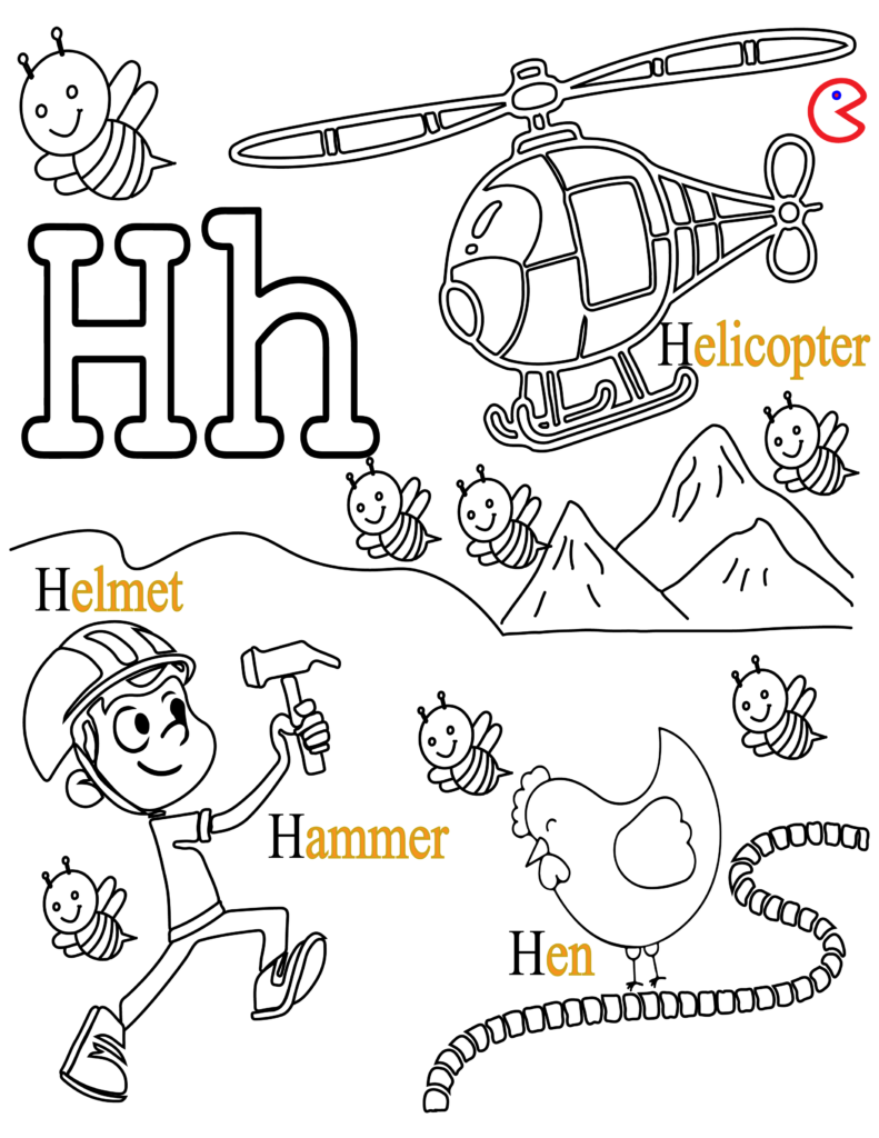 Black and white alphabet coloring page for kids showing letter H with helicopter, helmet, hammer, and hen.