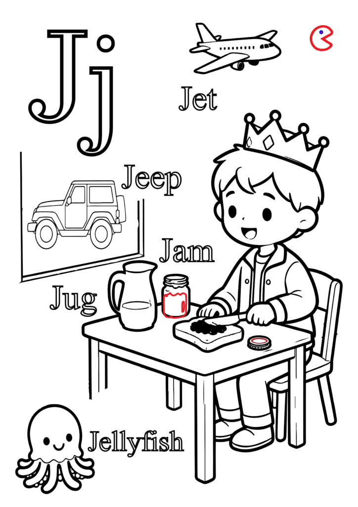 Black and white alphabet coloring page for kids showing letter J with juice, jellyfish, jug, and jacket.