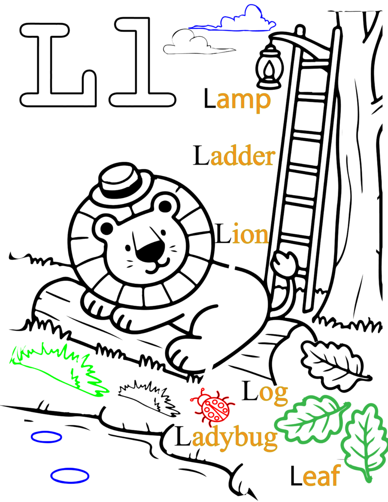 Black and white alphabet coloring page for kids showing letter L with lion, leaf, lamp, and ladder.