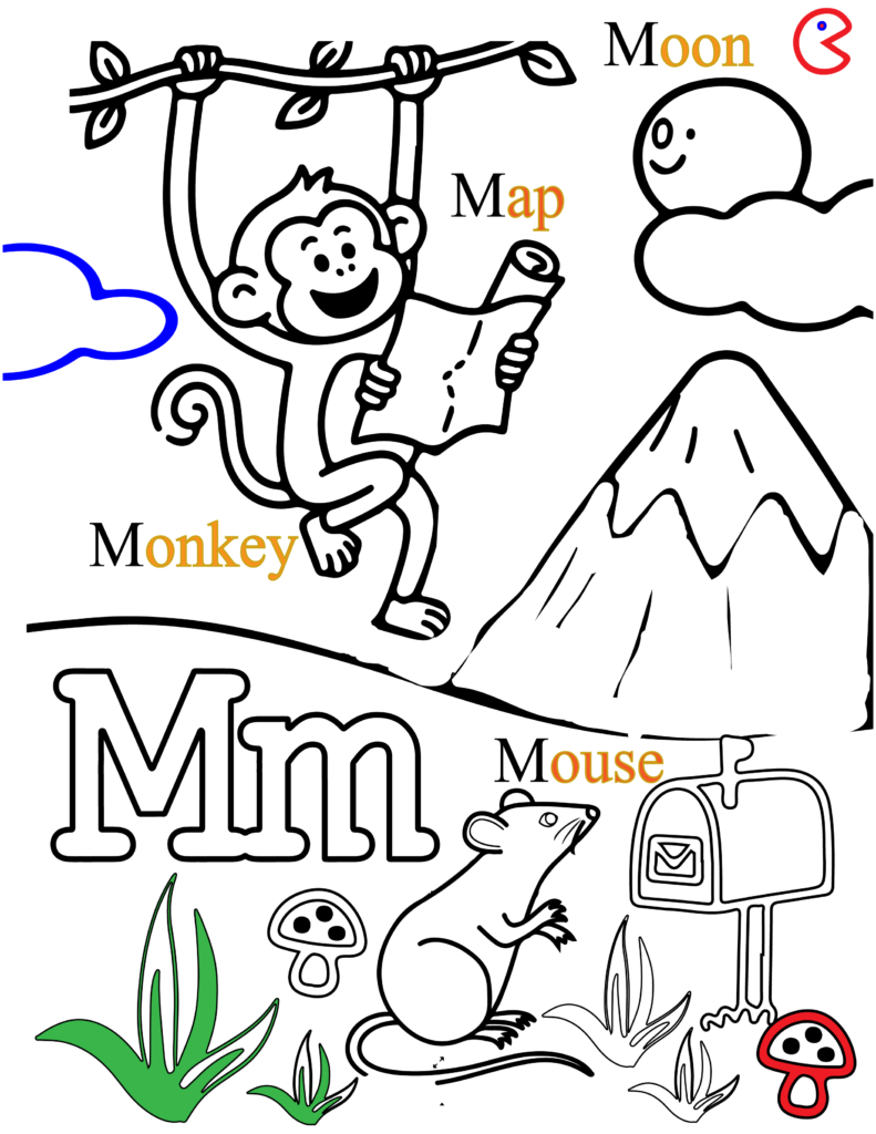 Black and white alphabet coloring page for kids showing letter M with monkey, moon, map, and mouse.