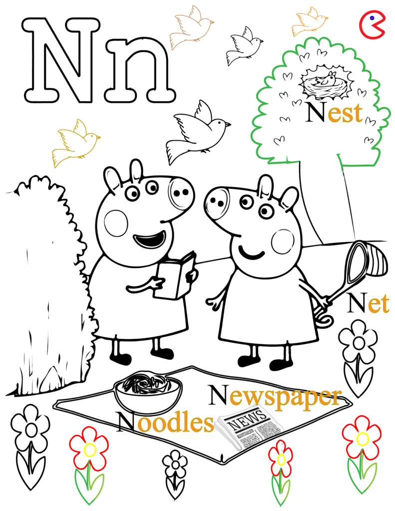 Black and white alphabet coloring page for kids showing letter N with nest, newspaper, net, and noodles.
