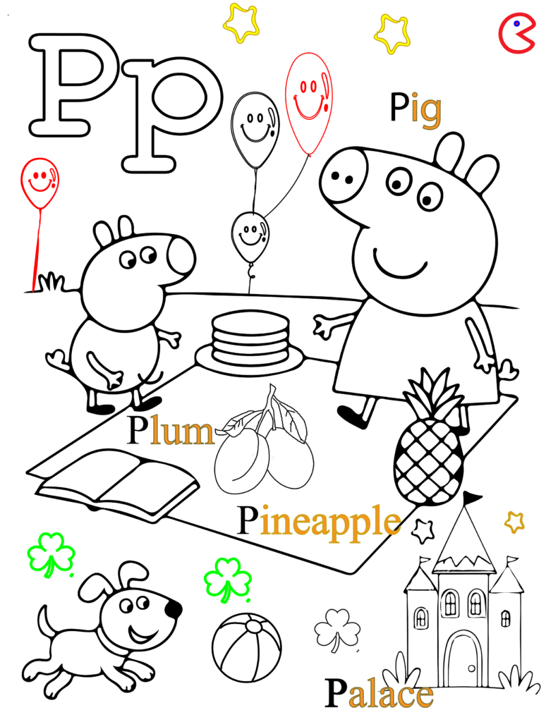 Black and white alphabet coloring page for kids showing letter P with plum, pig, pineapple, and palace.